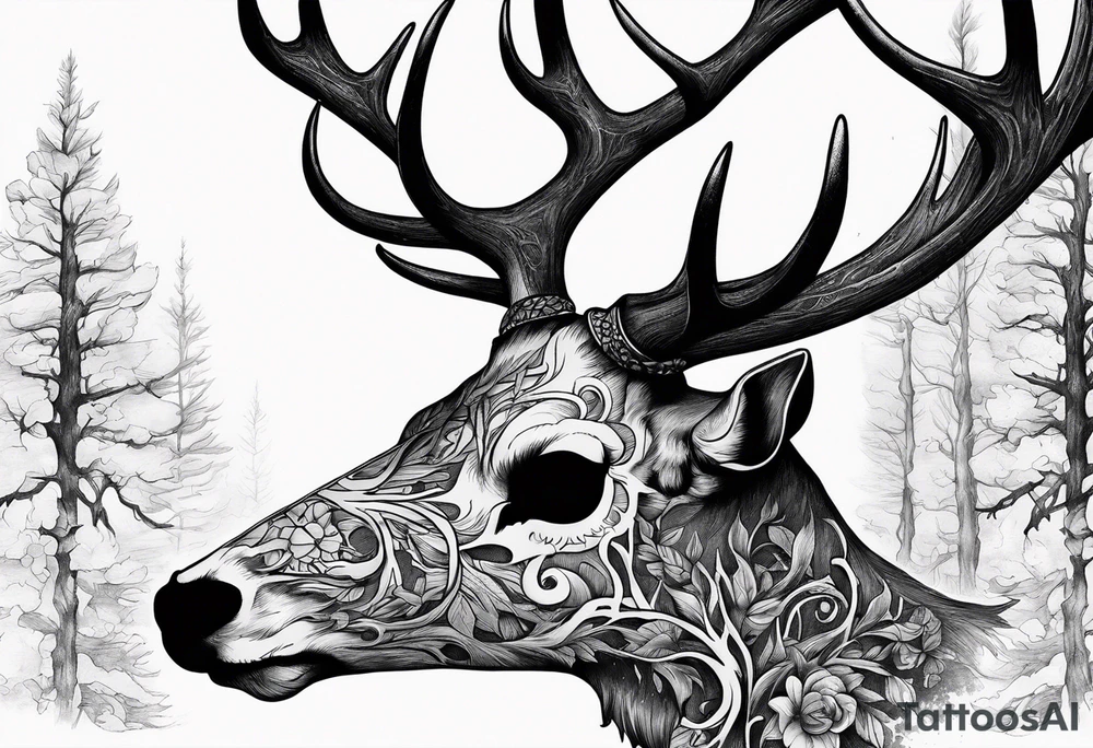 A side profile of decayed deer skull surrounded by trees and fire tattoo idea