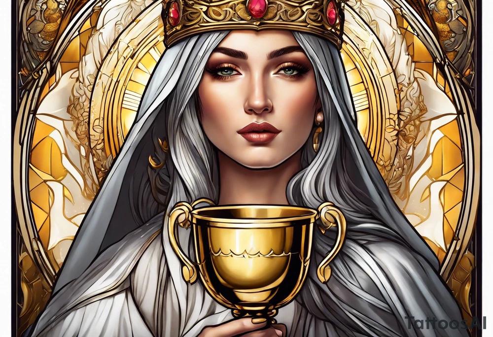 woman saint holding chalice surrounded by golden halo portrait tattoo idea