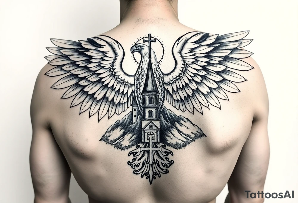 russian coat of arms with the eagles wings spanning out on my back neck across my shoulders / traps with a orthodox christian church being visible in a mountainous sun beaming setting, with the russian orthodox cross spire of the orthodox church being visible on my neck with a sun beaming in the background that the cross sits inside tattoo idea