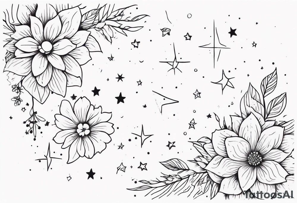fine line with stars, floral, dots tattoo idea