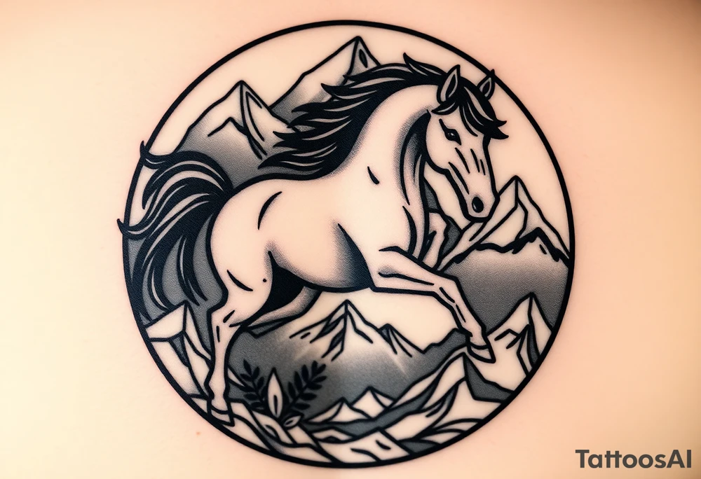 A golden mustang horse with black mane and legs, captured in motion inside a circle. The mountains and nature should frame the design, blending with the horse's black fur as a base to represent the landscape. Experiment with using the black fur to shape the mountains, playing with edges or interior details. tattoo idea