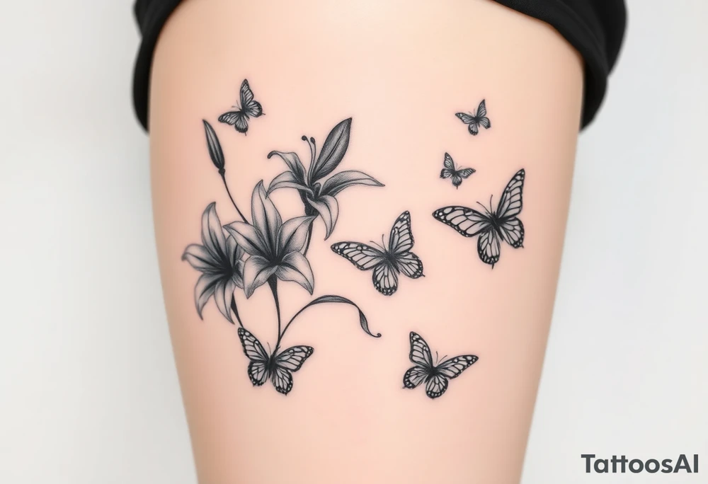 5 to 7 lily blooms in a natural stager with 2 that have petals floating off that gradually dissolve into butterflies in various stages of flight tattoo idea