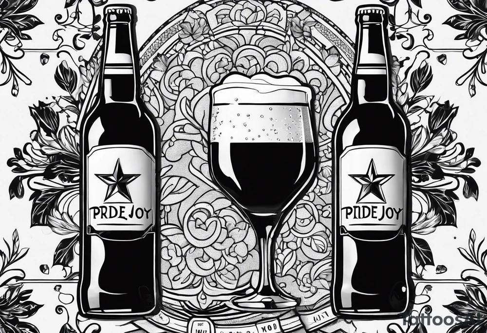 two beer bottles cheersing, labeled Pride and Joy tattoo idea two beer bottles cheersing, labeled Pride and Joy tattoo idea