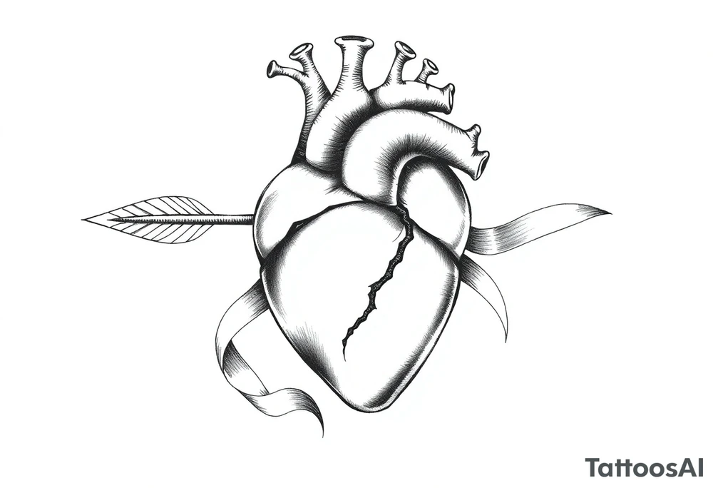 anatomical heart pierced by ornate arrow with flowing ribbons tattoo idea