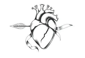 anatomical heart pierced by ornate arrow with flowing ribbons tattoo idea