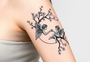 the sun or the moon being wrapped w cherry blossom tree with an angel laying on the moon or lookin at the sun holding its hand out tattoo idea