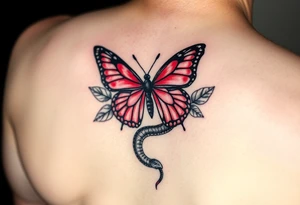 Red Butterfly with leafs and a beautiful snake tattoo idea