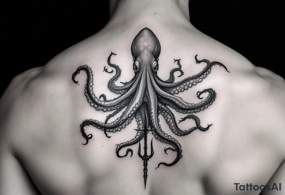 giant squid around a trident tattoo idea