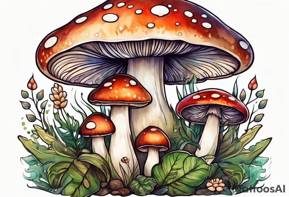 Happy mushroom surrounded by smaller plants tattoo idea