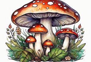 Happy mushroom surrounded by smaller plants tattoo idea