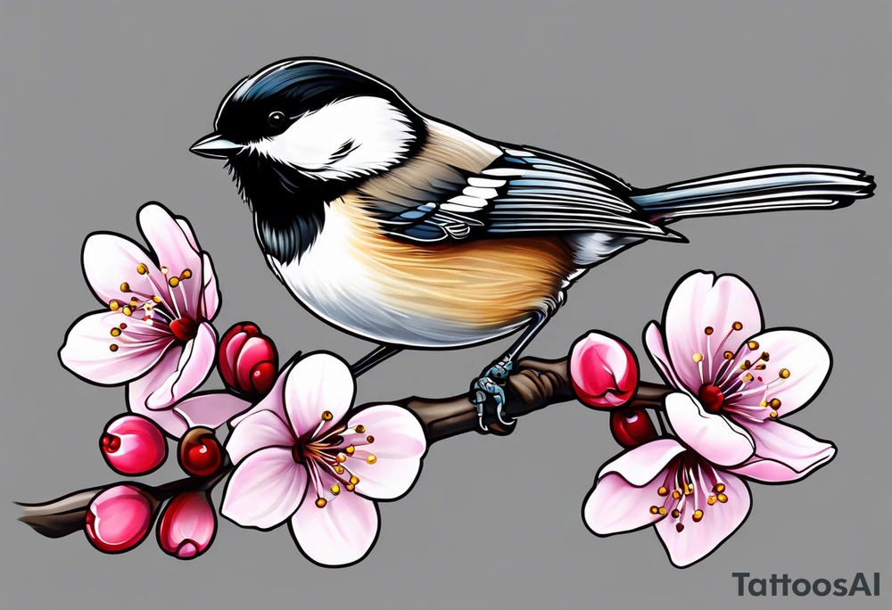 Chickadee on cherry blossom branch tattoo idea