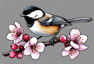 Chickadee on cherry blossom branch tattoo idea