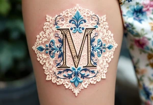 Victorian Lace Monogram – Ivory and dusty blue “C / M” styled in ornate vintage typography with lace-like borders. tattoo idea
