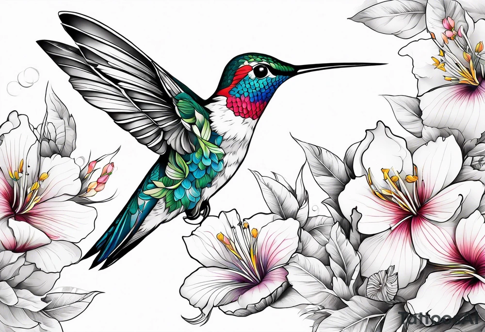 botanical, flowers, colorful, different, hummingbird tattoo idea