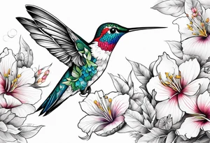 botanical, flowers, colorful, different, hummingbird tattoo idea