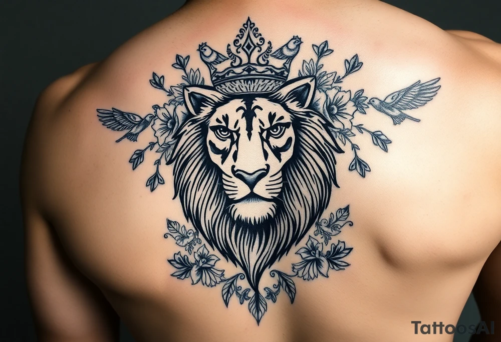 powerful majestic lion with a crown, surrounded by floral ornaments and birds tattoo idea