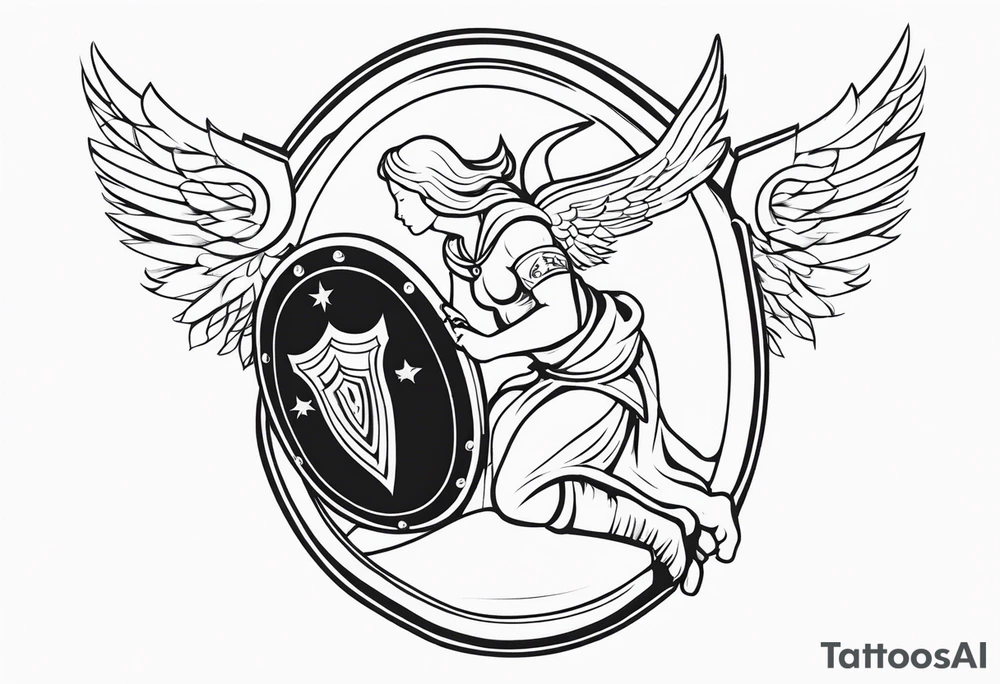 side view of crouched angel holding shield tattoo idea