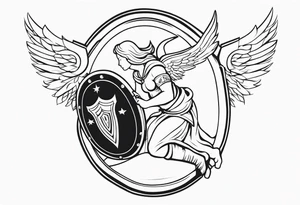 side view of crouched angel holding shield tattoo idea