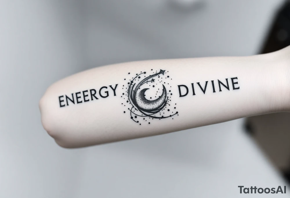 A minimalist blackwork dotwork tattoo featuring the word ‘ENERGY’ on the left arm, balancing with ‘DIVINE’ on the right. Surrounding ‘ENERGY’ is a swirling nebula, stardust, or a comet, designed with intricate dot shading and fine linework. The tattoo is realistic yet subtle, creating a cosmic, ethereal feel while keeping a clean, minimalist aesthetic. The elements flow naturally, complementing the shape of the arm without overpowering the text. tattoo idea