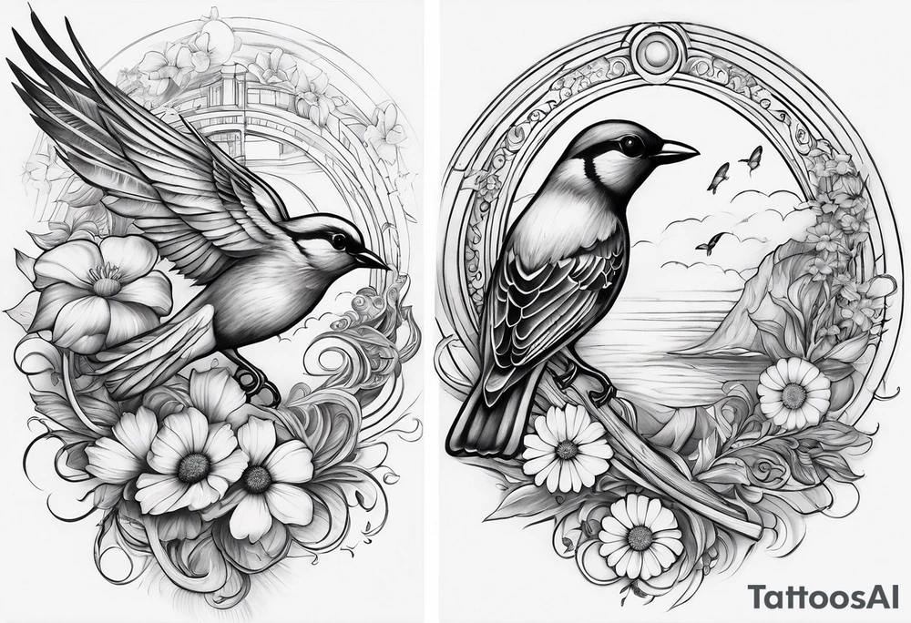 spiritual neck sleeve with a flying sparrow on side of neck with cosmos flower and a daisy flower and an iris flower, with staircase
 leading up to light and sunrays, ohm symbol about consciousness and transcendence tattoo idea