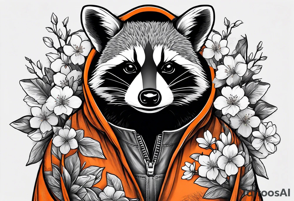 raccoon wearing a black and white Superman hoodie and orange Japanese cherry blossoms tattoo idea