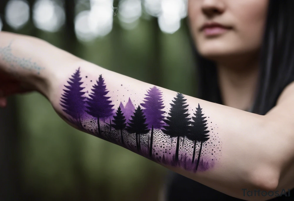 forest, abstract, on hand, no people, purple and black, full, whole wrist wrapped tattoo idea