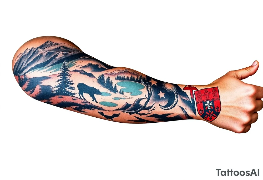 A full-sleeve with the Härjedalen landscape, reindeer, bear, lakes, mountains (Helags), cross and Härjedalen's coat of arms on the hand tattoo idea