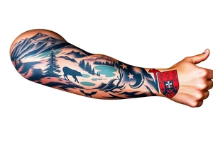 A full-sleeve with the Härjedalen landscape, reindeer, bear, lakes, mountains (Helags), cross and Härjedalen's coat of arms on the hand tattoo idea