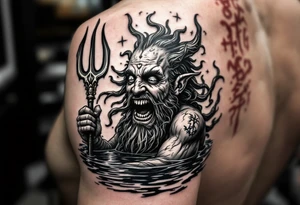 laughing poseidon, with a trident, in calm water, holding a beer tattoo idea