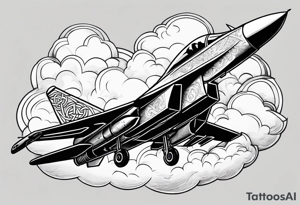 Fighter jet with a Celtic cross in the clouds. With the date 09-07-2023 in clouds tattoo idea