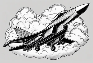 Fighter jet with a Celtic cross in the clouds. With the date 09-07-2023 in clouds tattoo idea