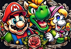 tattoo with bowser holding Mario and Luigi severed heads with princess peach by bowsers side tattoo idea