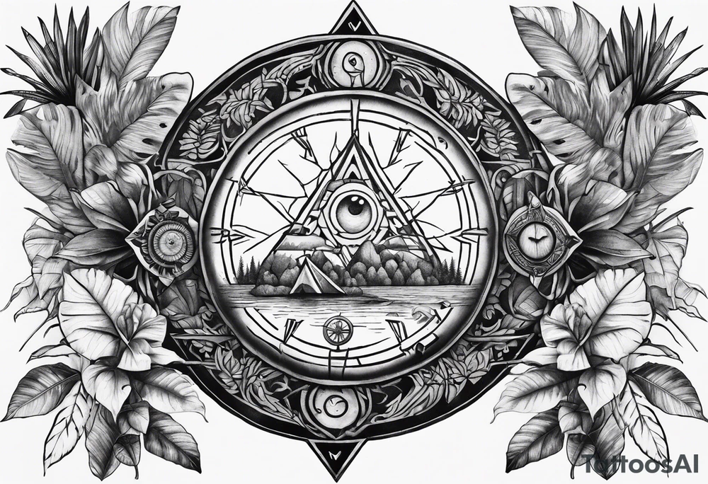 sleeve tattoo with jungle plants, Viking compass, all-seeing eye tattoo idea