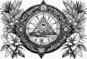 sleeve tattoo with jungle plants, Viking compass, all-seeing eye tattoo idea