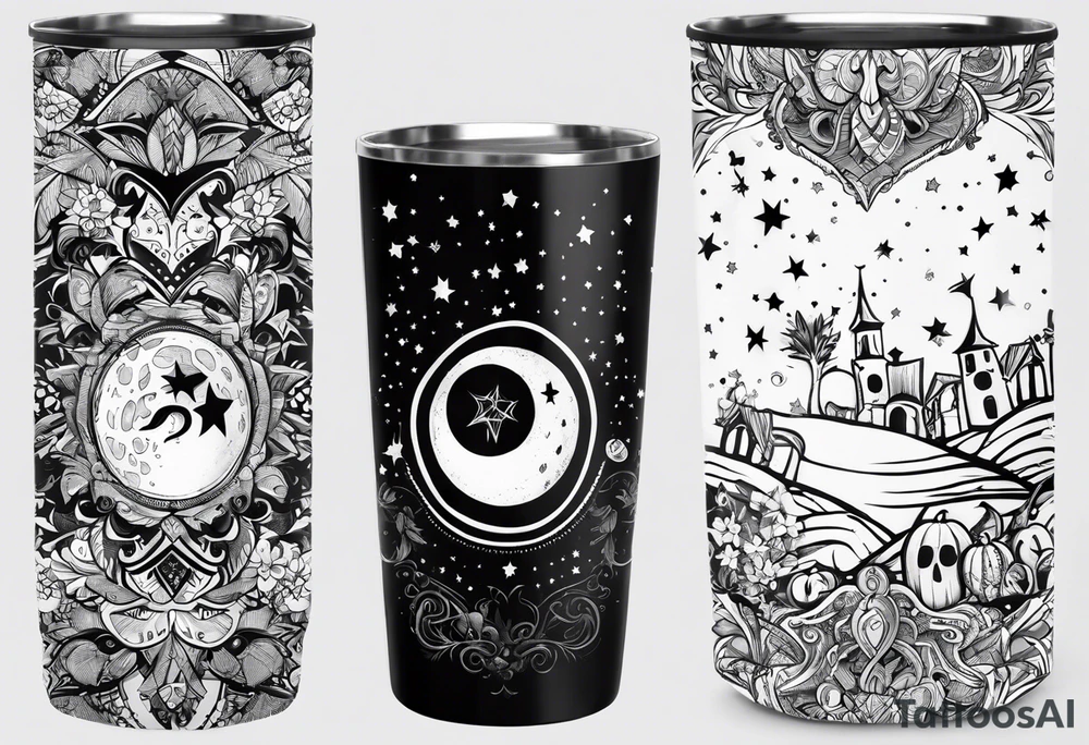 20 oz tumbler banner design, candy, minimalist, spellbound, voodoo, cat, moon, stars, Halloween tattoo idea
