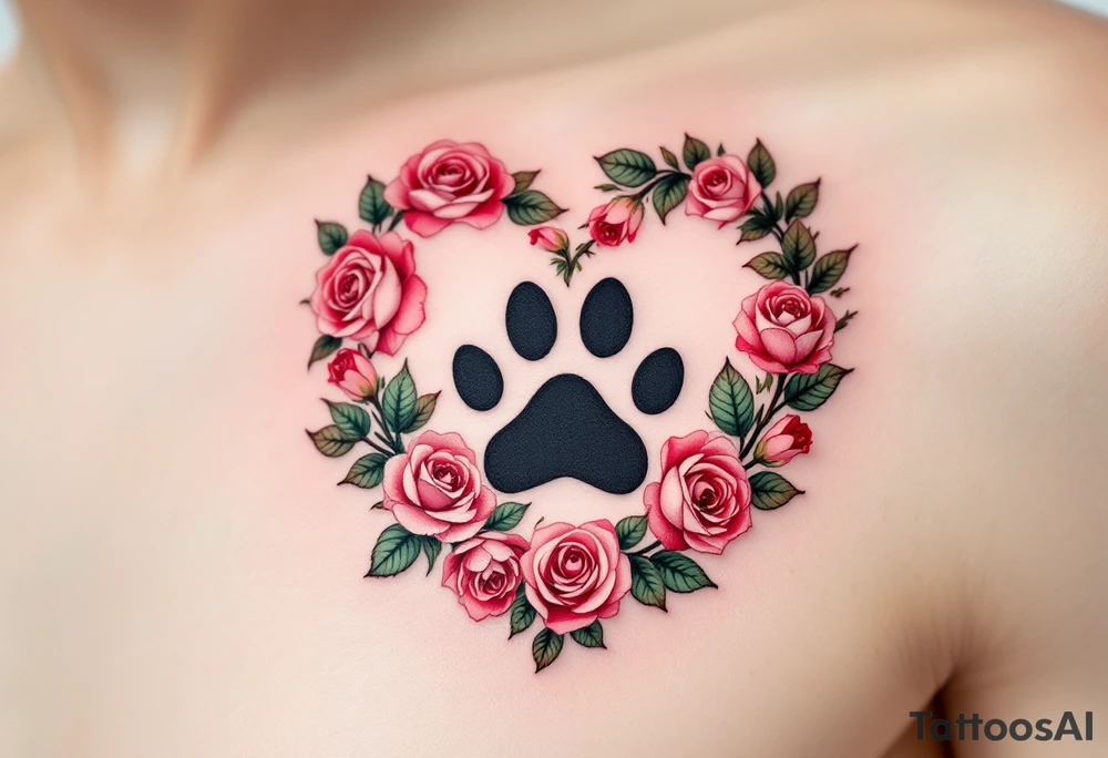 A paw print forming a heart shape, surrounded by delicate roses and leaves. The paw is solid black, while the flowers are in soft shades of red, pink, and green. The leaves are a mix of pastel greens, adding a gentle touch of nature to the design. Black (for paw print), Red and Pink (for roses), Soft Green (for leaves). tattoo idea