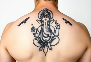 Traditional black and white Ganesha tattoo with crows fly towards and away from him tattoo idea