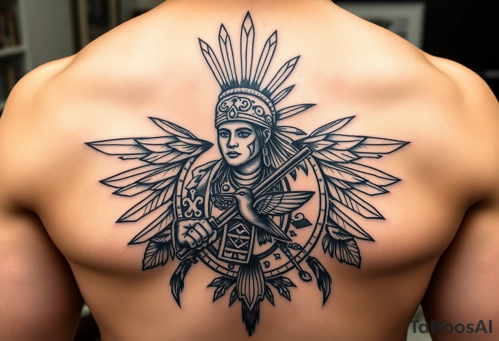 Purepecha warrior surrounded by purepecha symbols with hidden hummingbird tattoo idea