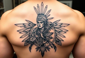 Purepecha warrior surrounded by purepecha symbols with hidden hummingbird tattoo idea