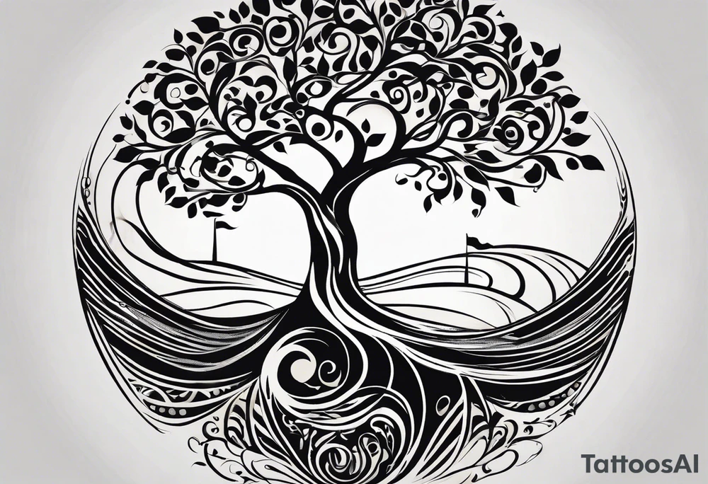 A tattoo design that incorporates the following elements: an abstract tree of life that has roots emerging  from the ground. Waves of water encapsulate the tree and wind around it in an organic way.  Incorporate music.   the letters U and A are overlapping and engraved into the tree. a golf ball incorporated but not prominent. tattoo idea