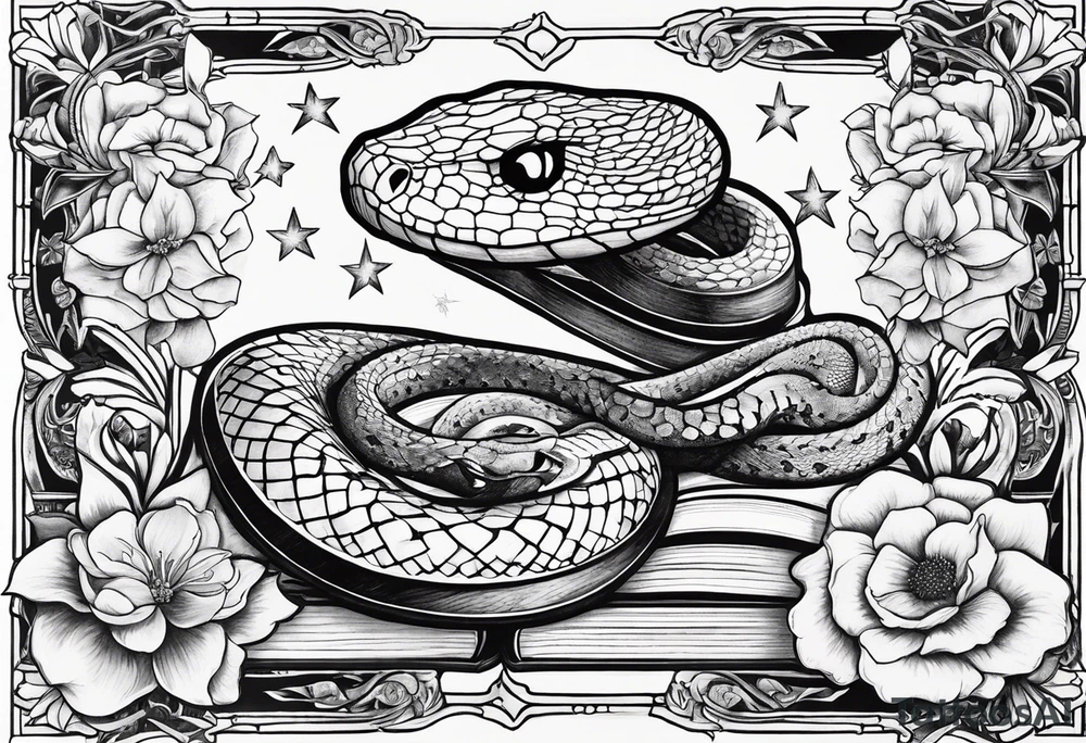 snake, books, stars and poisonous flowers tattoo idea
