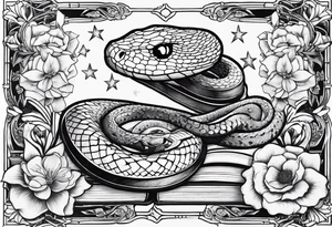 snake, books, stars and poisonous flowers tattoo idea