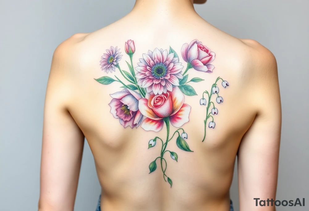 Small Bouquet of flowers starting upper middle back with stems down spine with a aster, carnation, rose, Lily of the valley, larkspur with stems Starting upper middle back to right shoulder tattoo idea