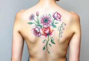 Small Bouquet of flowers starting upper middle back with stems down spine with a aster, carnation, rose, Lily of the valley, larkspur with stems Starting upper middle back to right shoulder tattoo idea