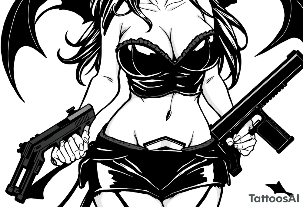 succubus, slut, anime, holding gun, black, leather bikini, angry tattoo idea