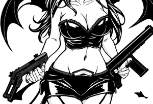 succubus, slut, anime, holding gun, black, leather bikini, angry tattoo idea