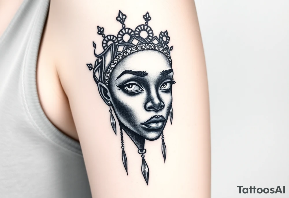 African goddess with white eyes crying white tears tattoo idea