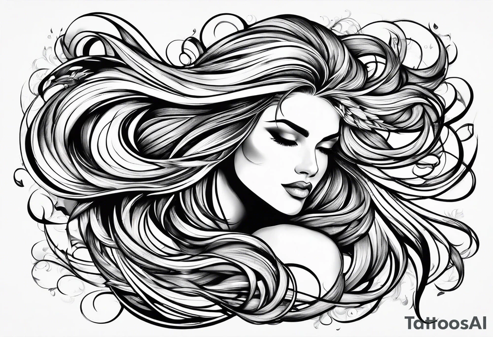 long hair flowing from shoulder to elbow tattoo idea