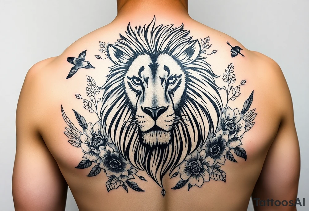 powerful majestic lion with a luffy from ine piece, surrounded by floral ornaments and birds tattoo idea