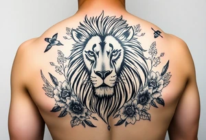 powerful majestic lion with a luffy from ine piece, surrounded by floral ornaments and birds tattoo idea